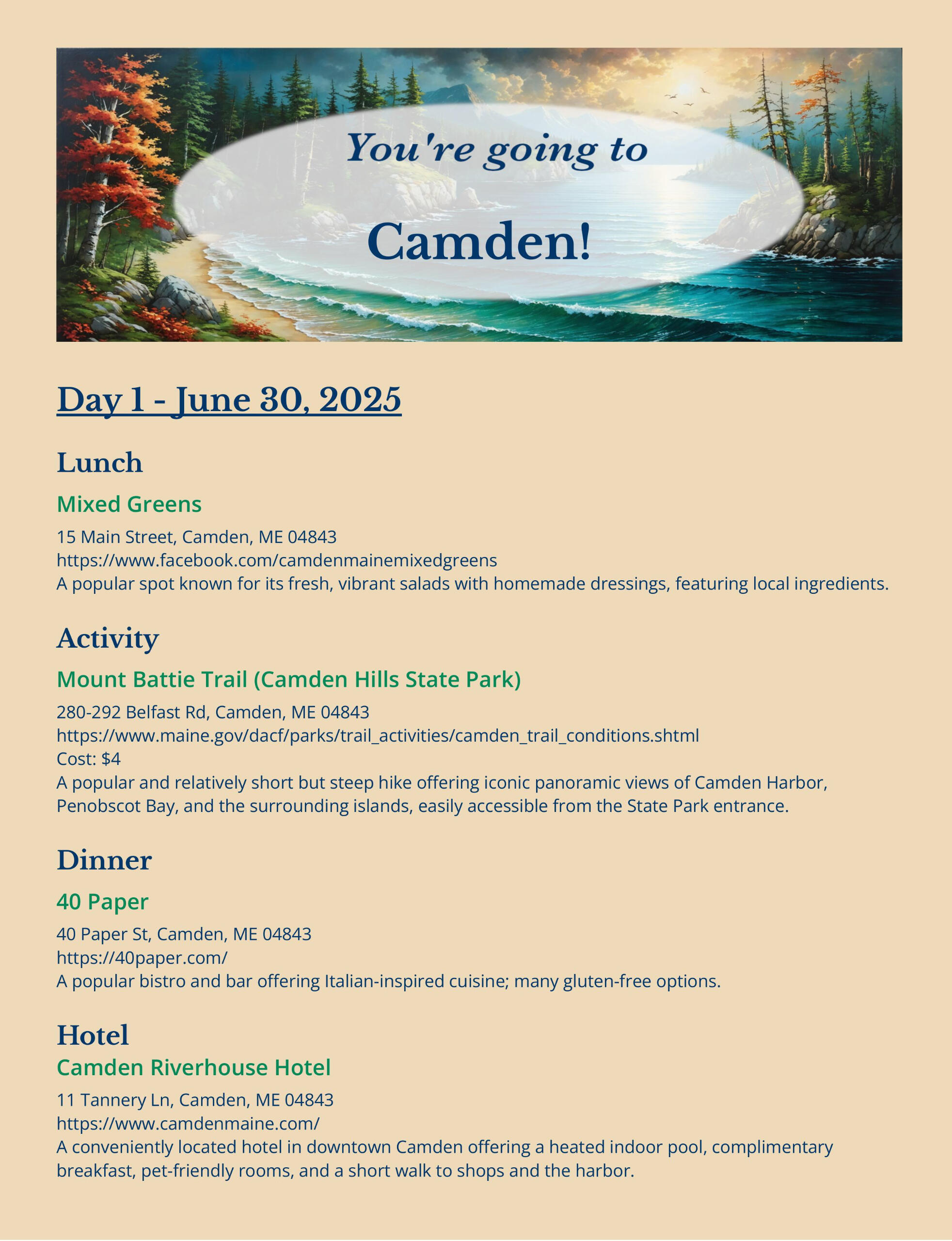 a sample itinerary of a mystery trip to camden maine